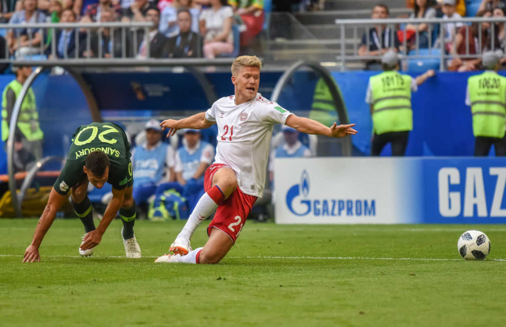 Denmark national football team striker Andreas Cornelius scroring a goal