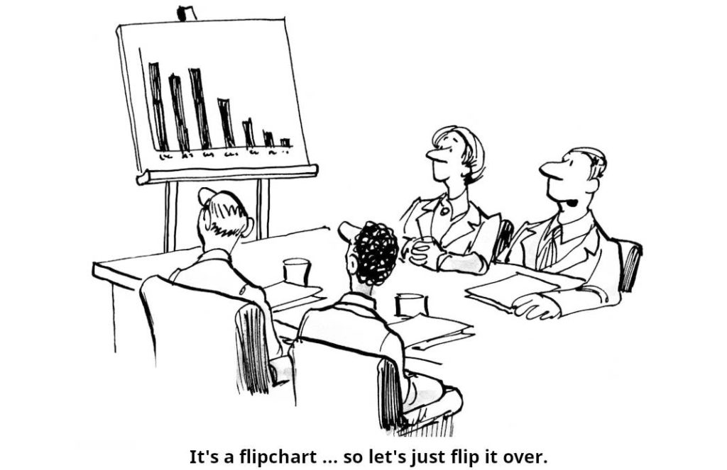 Cartoon about profit, curve dropping: It's a flipchart ... Let's just flip it over.