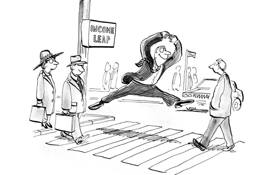 Cartoon: Income Leap. Man making a big jump over the road.