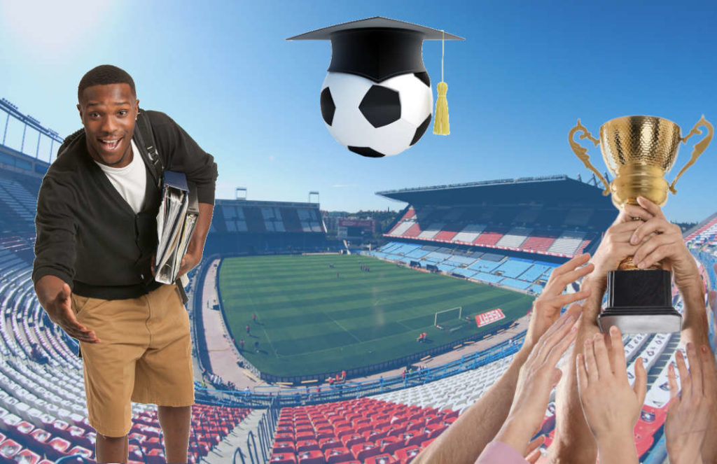 Collage of Soccerwidows mission: Football stadium, African man inviting to educate yourself, hands holding a price, soccer ball with educational hat; concept: Partner with Us