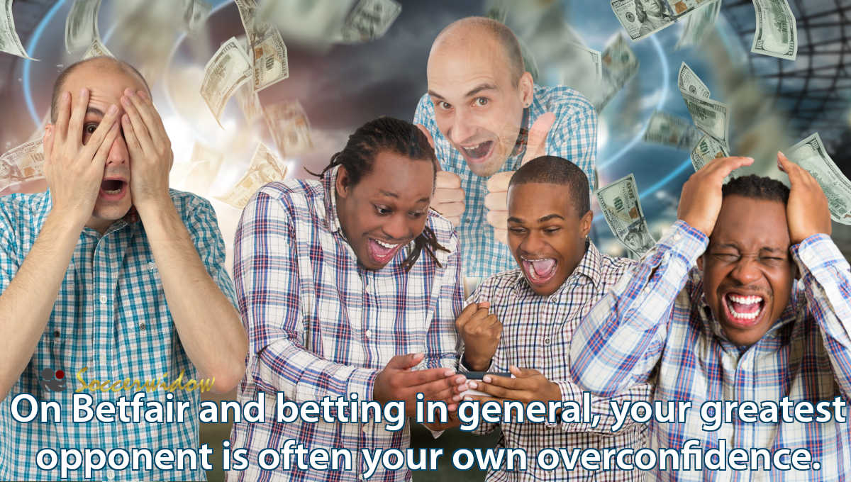 Quote Illustration: On Betfair and betting in general, your greatest opponent is often your own overconfidence; people with expressions of excitement and doubts, representing mixed feelings