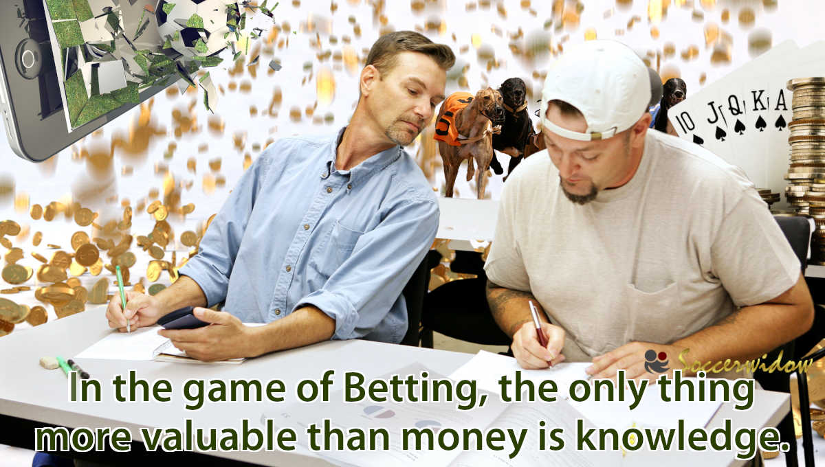 Quote "In the game of Betting, the only thing more valuable than money is knowledge." - Illustration: two students sitting on a desk and studying, one of them sneaking at the writing of the other. In the background a rain of gold coins and banknotes, emphasizing the importance of knowledge over money.