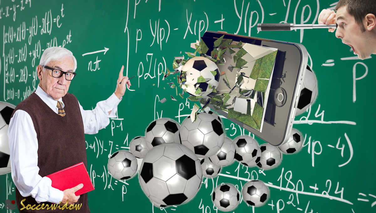 Visualisation: In Over Under betting, we don’t just watch the game; we delve into a world of probabilities and numbers. - an elderly man stands in front of a billboard pointing to numbers and calculations, a man is looking surprised through a binocular whilst a football comes through the screen of a mobile phone