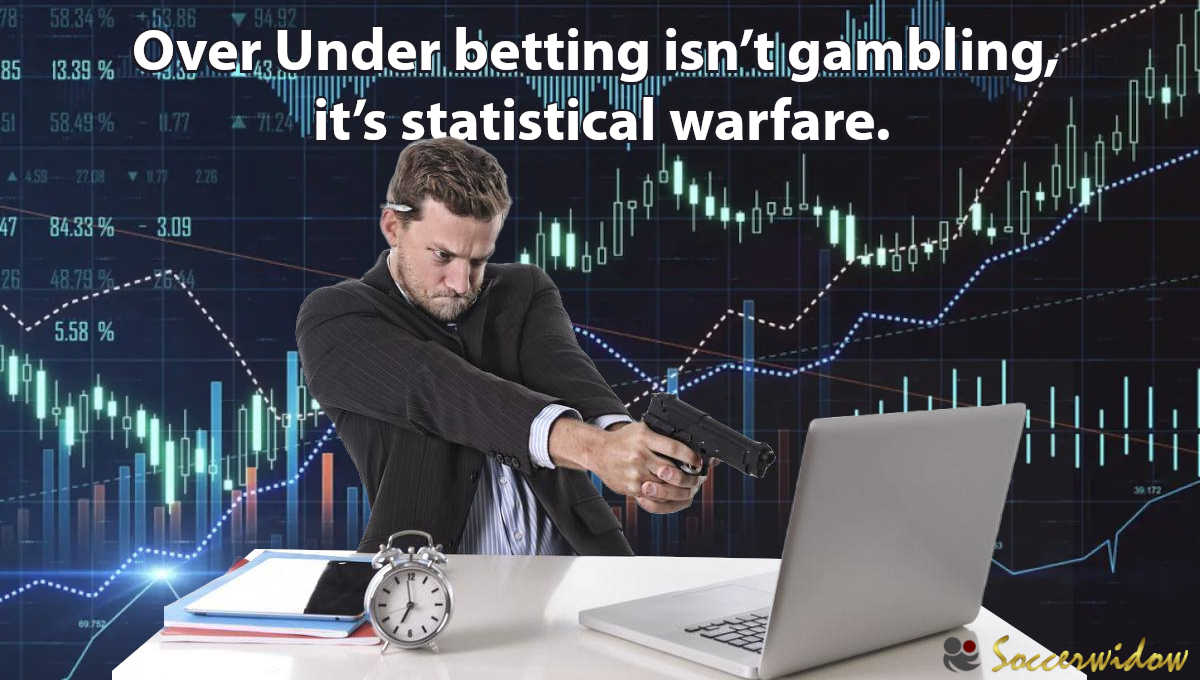 Illustration: Over Under betting isn’t gambling, it’s statistical warfare. - man pointing gun on laptop, various statistical charts on dark background