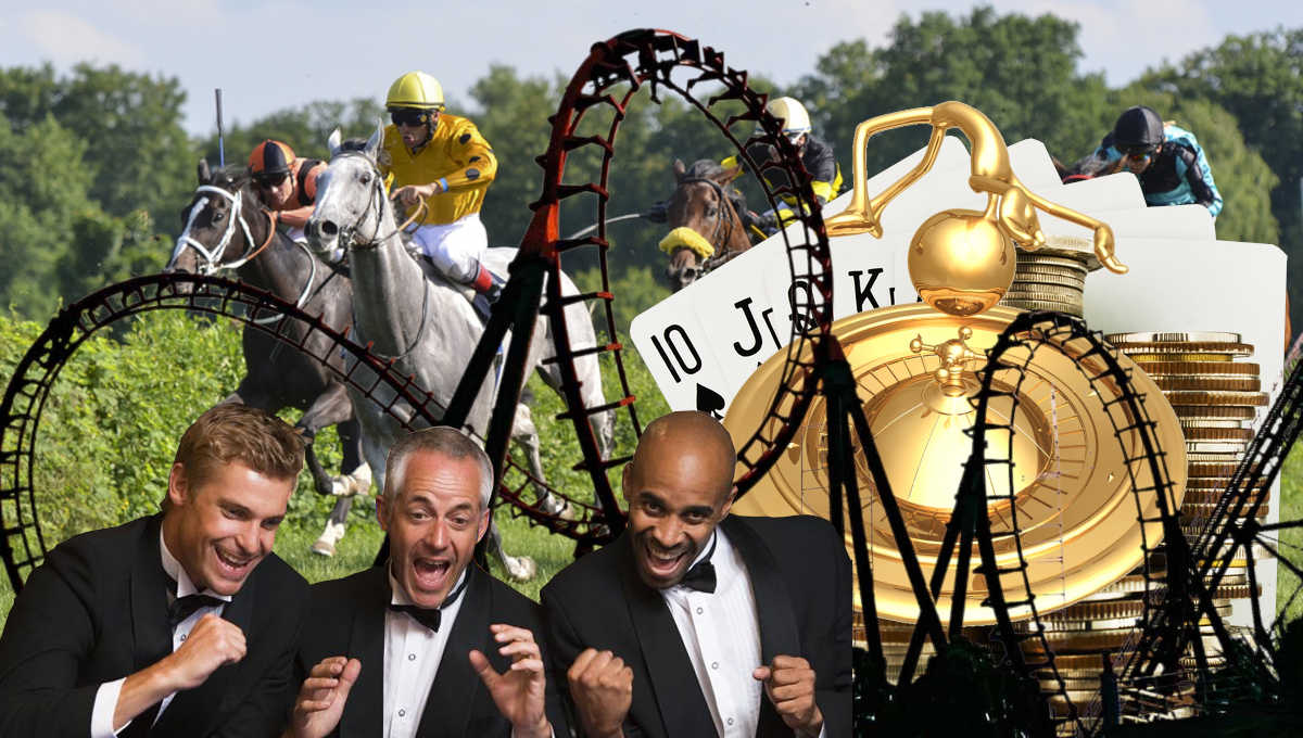 A dynamic collage featuring different Betfair games such as poker, roulette, and horse racing, with a rollercoaster in the background to symbolize the adrenaline rush.