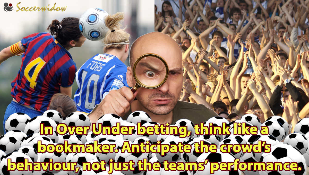 Visualisation: In Over Under betting, think like a bookmaker. Anticipate the crowd’s behaviour, not just the teams’ performance. - A split image showing a football match on one side and a crowd of spectators on the other, with a man with a magnifying glasa superimposed over the top. This represents the dual focus required in Over Under betting - on both the teams and the crowd.