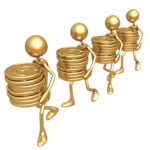3D figures with coin stacks, symbolizing betting profits.