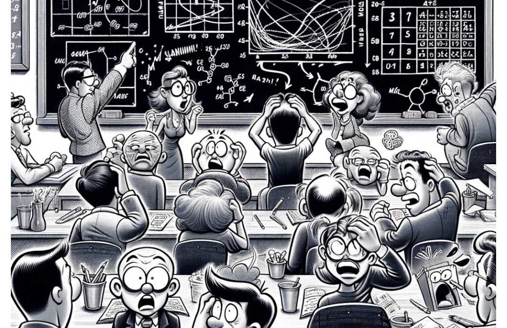 humorous black and white cartoon drawing designed for the educational text about Cluster Tables in sports betting, featuring exaggerated and funny reactions to complex betting strategies.