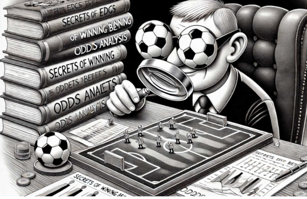 Fanciful and imaginative cartoon that captures the theme of "Finding the Edge" in soccer betting. It features a soccer coach using a giant magnifying glass to closely examine a detailed model of a soccer pitch, blending magical and analytical elements in a whimsical manner.