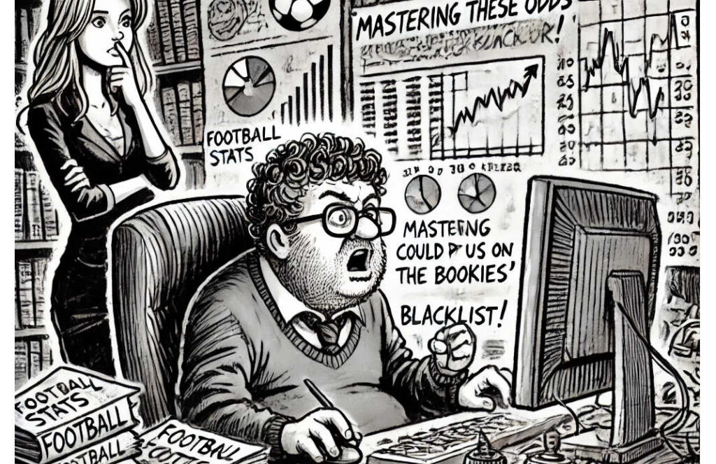 Black and white cartoon, featuring a humorous office scene centered around football analytics and odds calculations. The characters and setting aim to capture the comedic essence of delving deep into betting strategies.