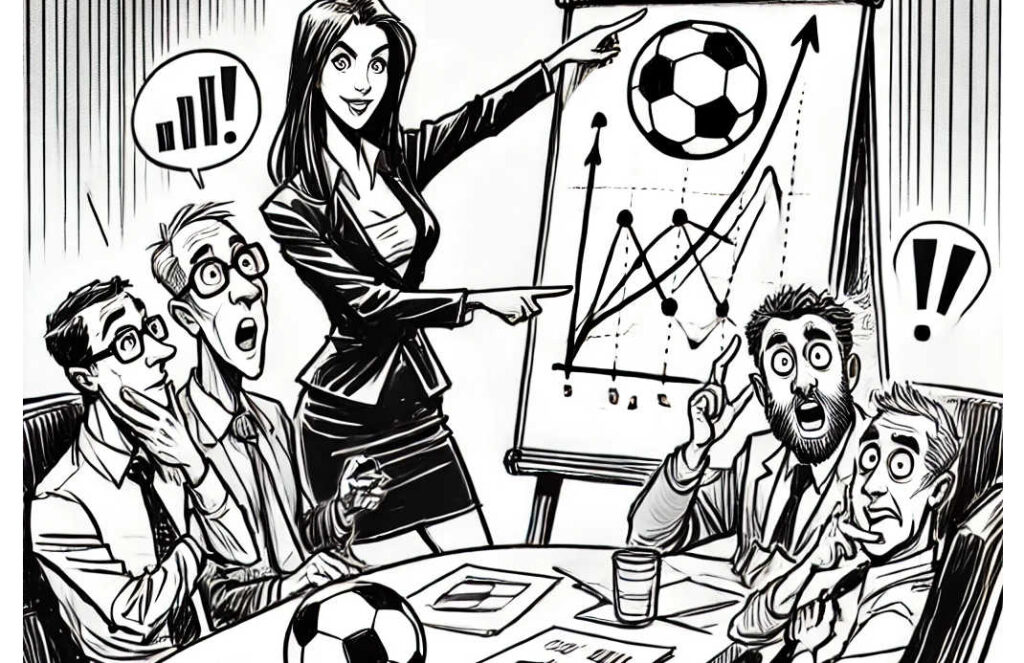 black and white cartoon, depicting a corporate meeting with a humorous twist on soccer analytics.