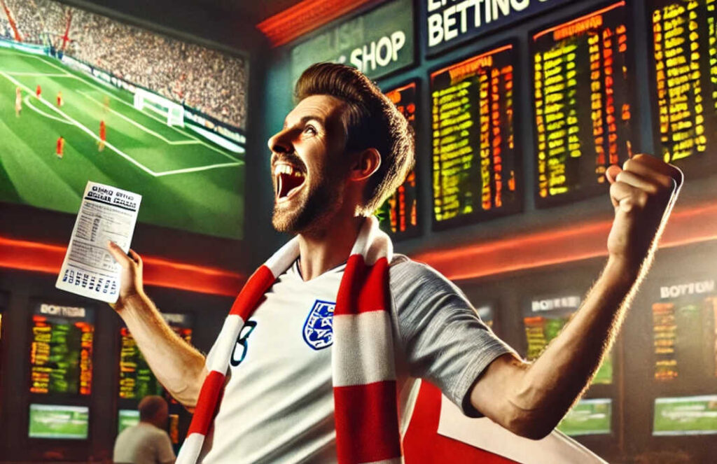 A joyful English football fan, dressed in a team jersey and scarf, celebrates a recent betting win in a cosy betting shop. He raises his hands excitedly, holding a winning betting slip, with a wide smile and triumphant expression. The shop background features screens showing football match updates and odds, adding to the lively and vibrant atmosphere, while other patrons are visible in the background. There’s a sense of energy and excitement in the moment, capturing the thrill of winning.